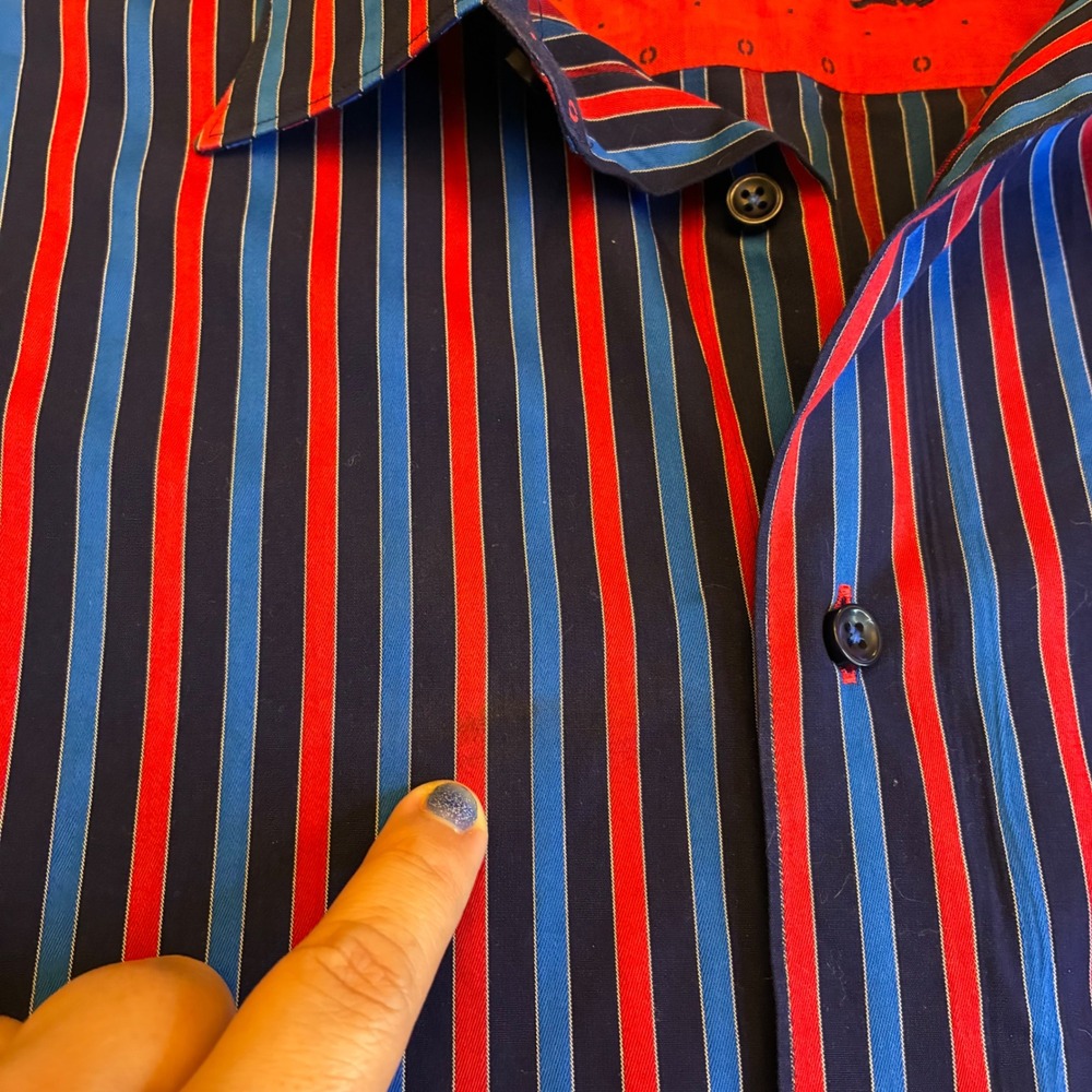Fleur De Lis Mens 2XL Button Down Shirt Blokecore Club Striped Red Blue LS Party - Picture 8 of 13